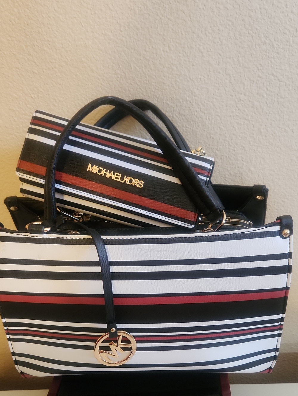 Michael Kors Remake Striped Satchel and Wristlet in Black, White & Red
